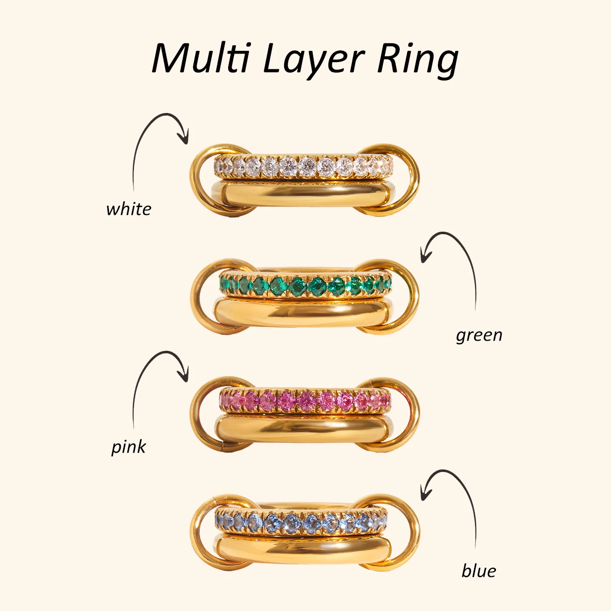 Uworld Minimalist Pink Zircon Double Layer Ring 18k Gold Color Plated Stainless Steel Waterproof Stackable Ring, Women's Jewelry