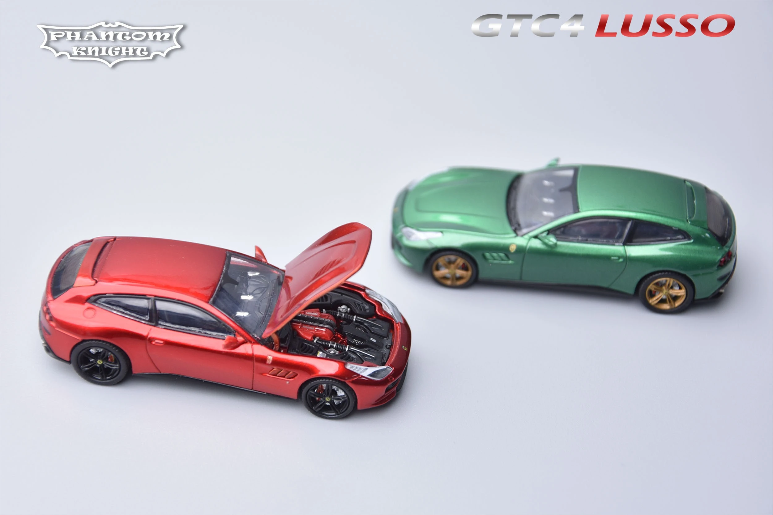 Phantom Knight PK 1:64 GTC4 Lusso, Modelo de Auto Fundido a Presión en Verde Metálico/Rojo