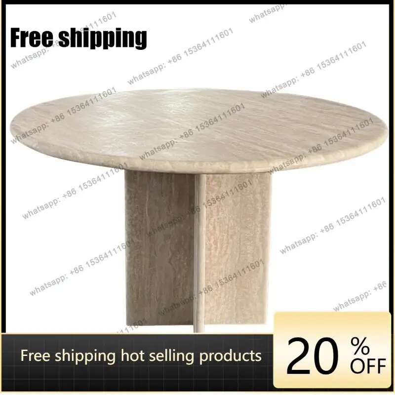 LS French Light Luxury Natural Travertine Round Dining Table Designer Wabi-Sabi Style Villa Home Feel High-End Feel