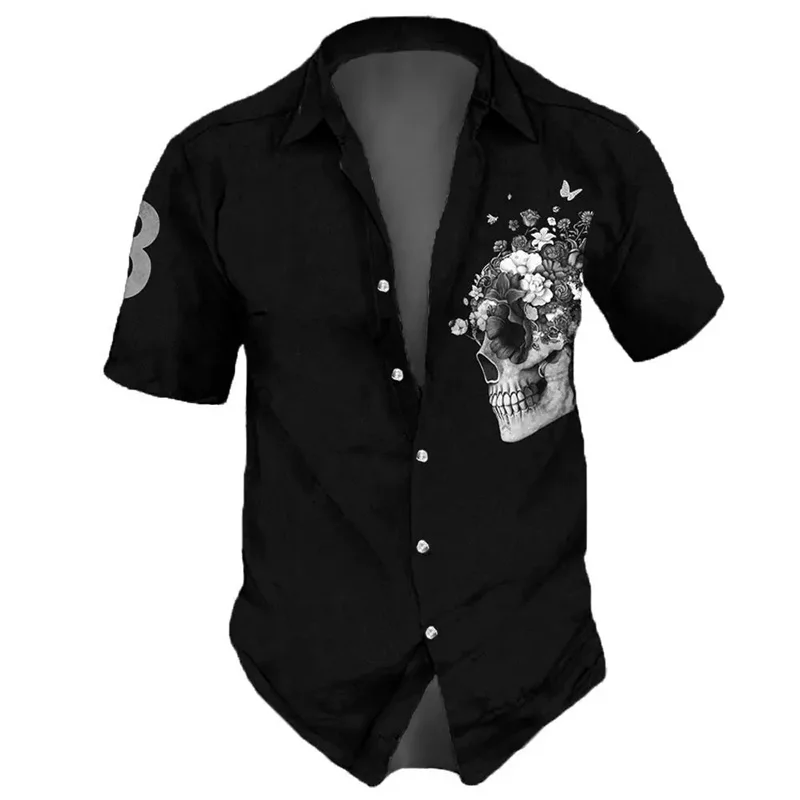 2023 Men's Shirts Lapel Streetwear Vintage Shirt For Men Skull Hip Hop Short Sleeve Tops Party Summer Casual Men Hawaiian Shirts