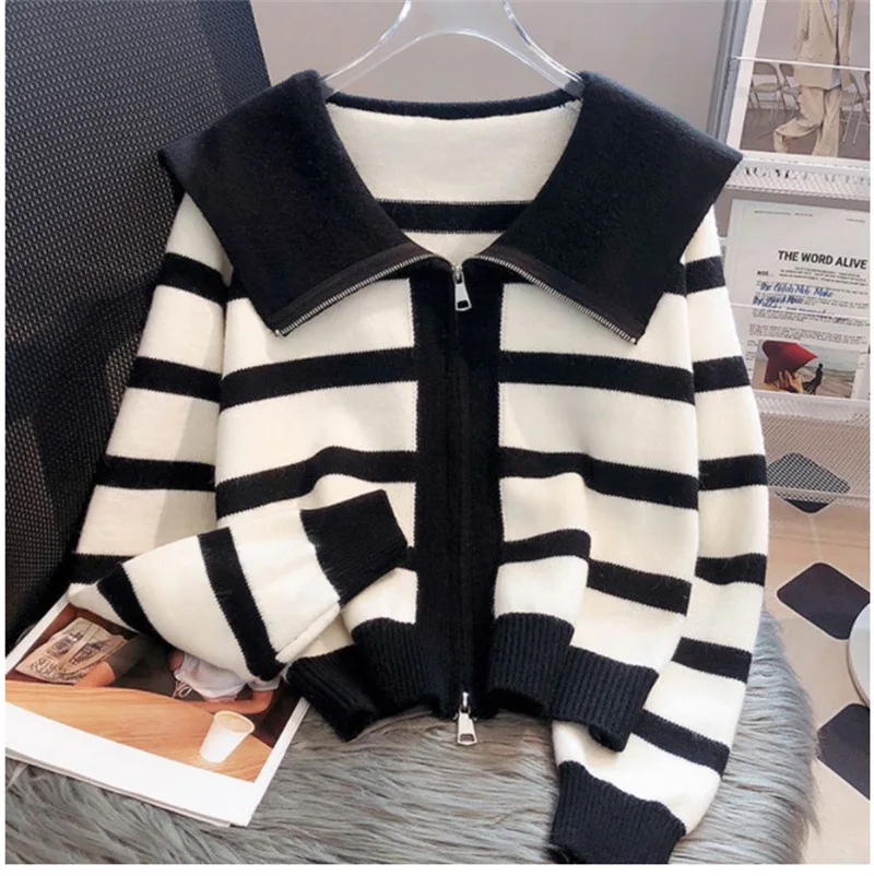 Women\'s Knitted Stripe Sweater Sweet Preppy Style Peter Pan Collar Cardigan Top Spring Autumn 2023 New Zipper Fashion Outwear