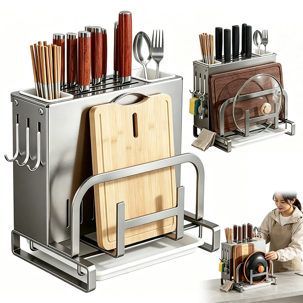 Set di scaffali in acciaio inossidabile per l’organizzazione degli utensili da cucina, con portacoltelli da parete, supporto per tagliere e organizer per coperchi di pentole, ideale per la cucina di