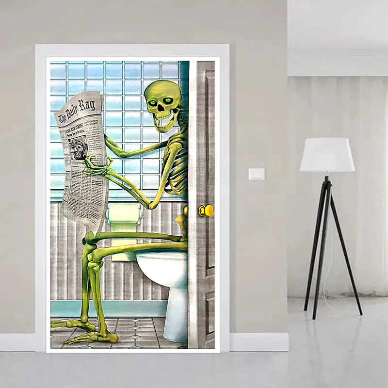 

1pcs Canvas Painting The Skeleton Man Is Squatting In The Toilet Wall Art,Human Skeleton Posters Halloween Horror 3D Door Mural