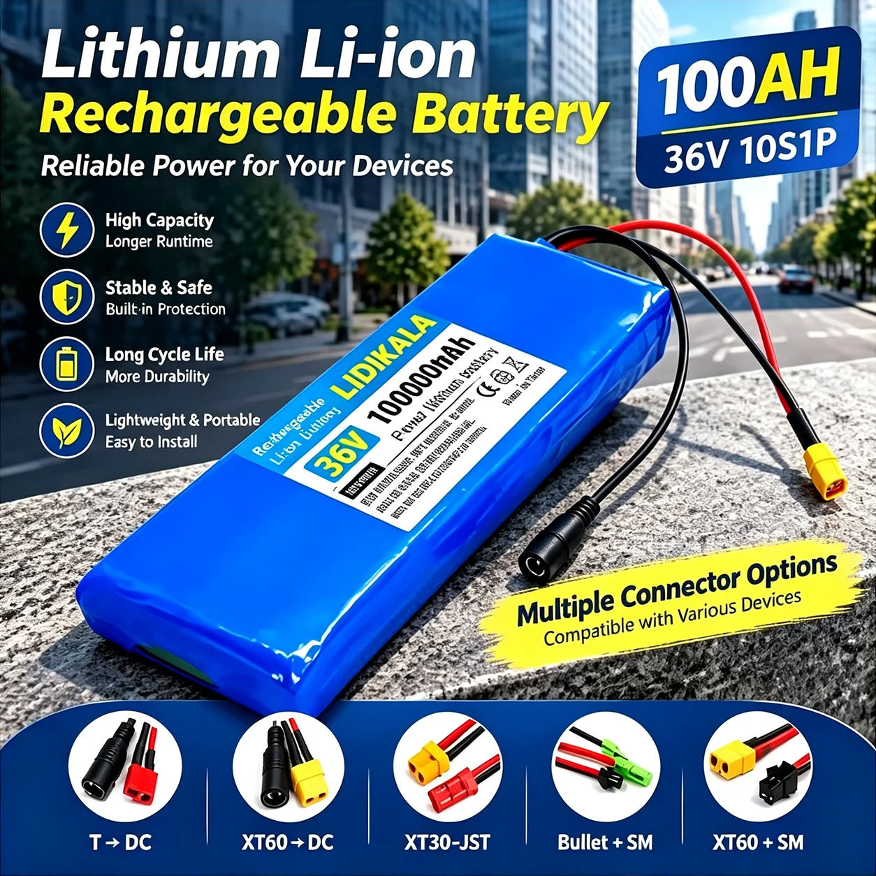 Akumulator litowo-jonowy 36 V, 100 Ah, konfiguracja 10S1P, z wbudowanym systemem BMS, przenośny akumulator litowo-jonowy do elektrycznej hulajnogi, roweru elektrycznego, zasilania zewnętrzne.