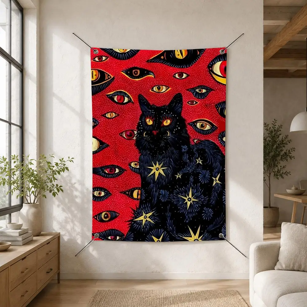 Mystic Witch Black Cat Flags Custom Camping Outdoor Garden Room Bedroom Decor Party Backdrops Wall Art Family Gifts
