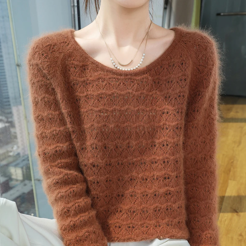 2024 new autumn and winter hollow round neck wool women's lazy style loose mink fur sweater pullover knitted base sweater