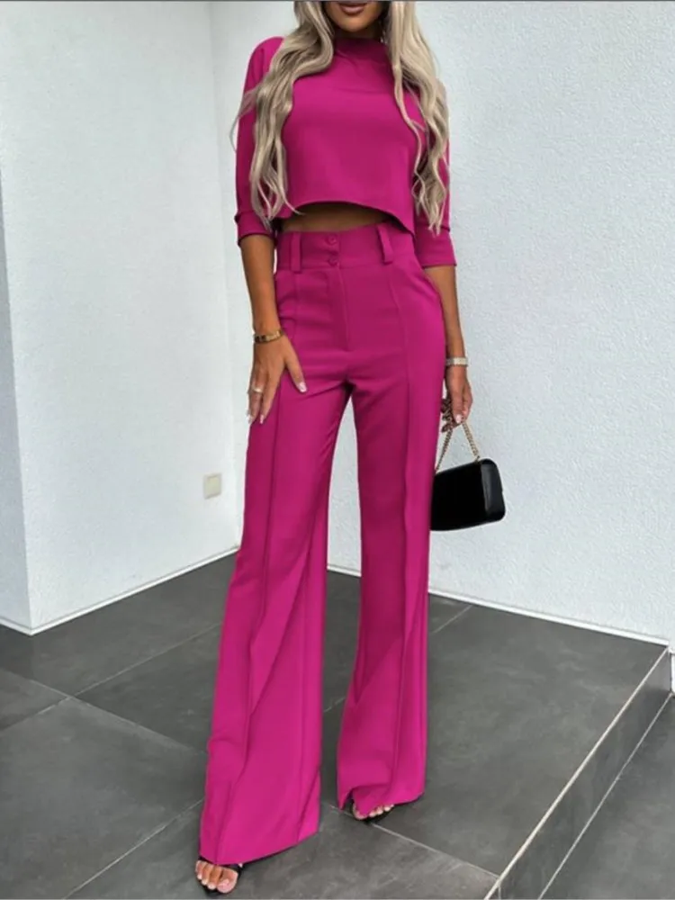 Elegant Women Letter Print Two Piece Sets Autumn O Neck Short Top & Wide Leg Pants Outfits Office Lady Casual Streetwear Suits