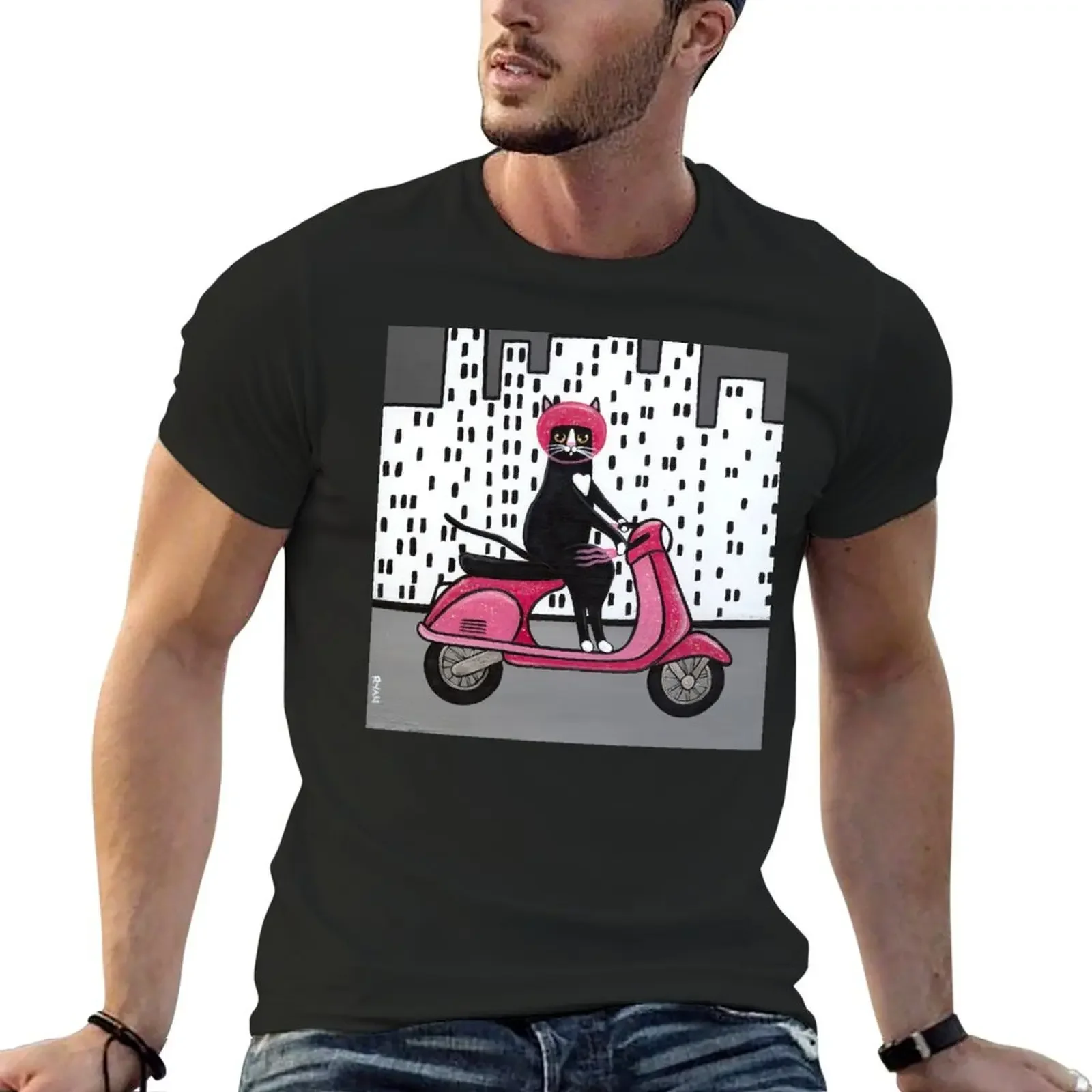 Tuxedo Cat on a Moped T-Shirt shirts graphic tees plus size clothes cotton graphic tees black t shirts for men