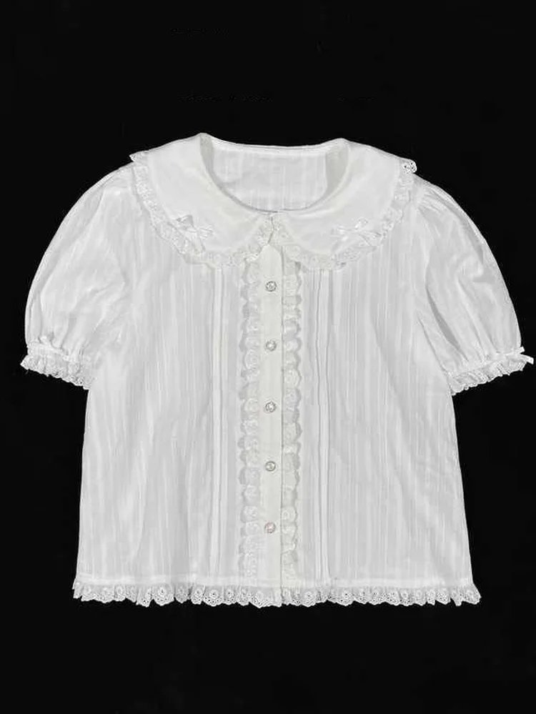 2024 Summer Jk Shirts Women Kawaii Peter Pan Collar Japanese Style Lolita White Lace Mesh Blouse Student Top Daily Sweet Fashion