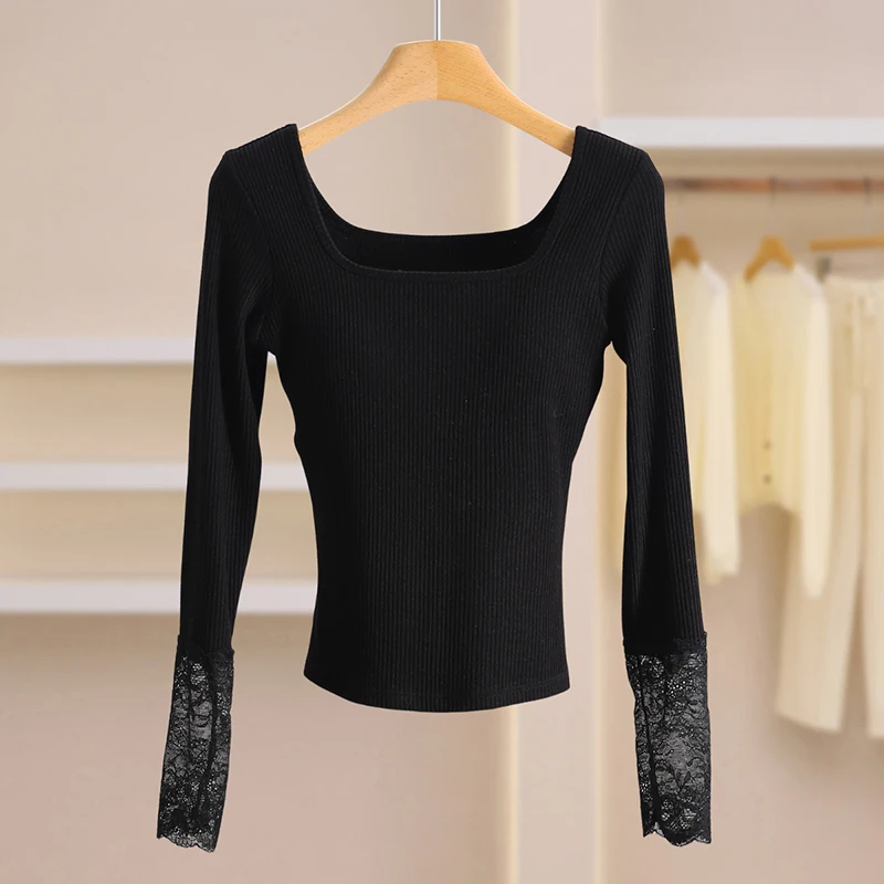 

Slim Fit Knitted Sweater Lace Collar Base Layer Winter Top Women's Sle Recommendations Crystal Splicing Lace Square Collar