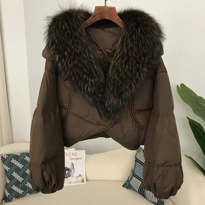 MENHR BONITA-Veste Courte en Duvet de Canard Blanc pour Femme, Col en Vraie Fourrure de Raton Laveur, Optique Féminine, Manteau Chaud, Nouveau, Hiver 2023