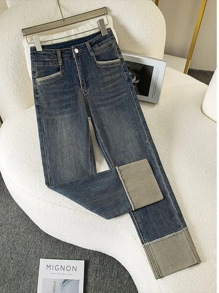 슬리밍 시멘트 아이 데님 진 하이웨이스트 스트레이트 레그 여성 여름 스몰 사이즈 바지 웨이드 헴 진 코튼 블렌드