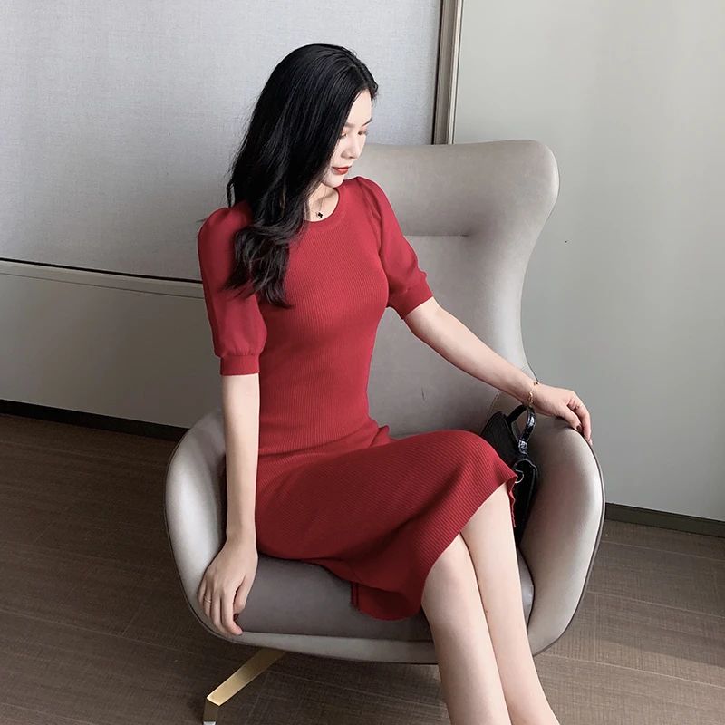 

YUQI Office Ladies Knitted Dress Summer Casual Slim O-neck Puff Sleeve Knee-Length Dresses for Women Elegant Side Slit Fashion