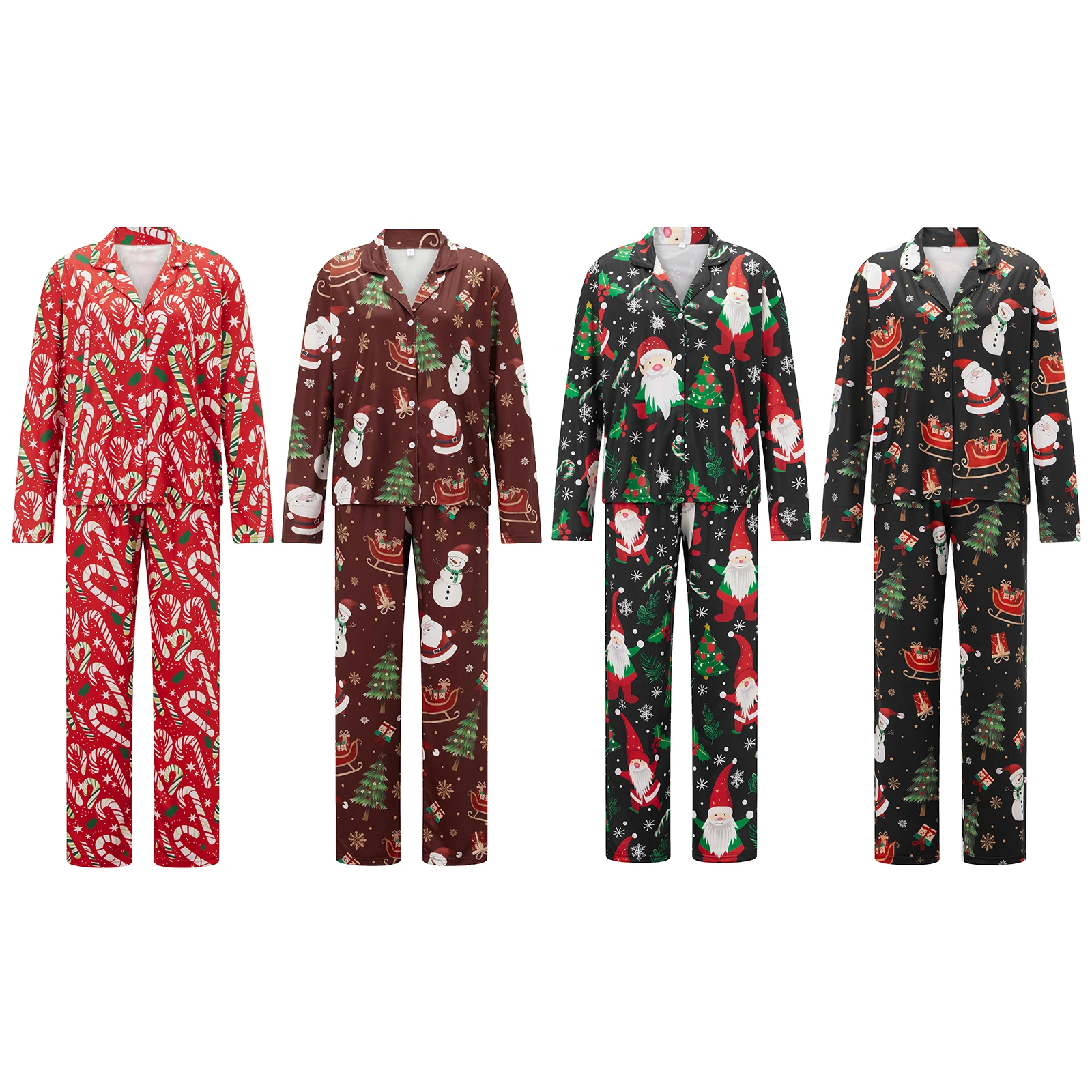 Women Christmas Pajamas Set 2 Pieces Loungewear Suits Candy Cane/Santa/Light String Print Shirts Tops Pants Sleepwear Outfits