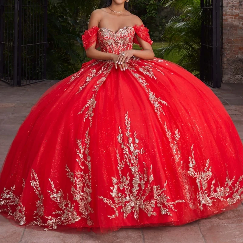 

Red Shiny Quinceanera Dresses Ball Gown Off The Shoulder Gold Applique Lace Beads Bow Tull Corset Party Birthday Sweet 16 Dress