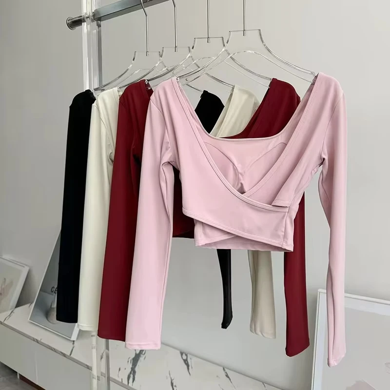 Autumn Slimming Long Sleeved Yoga Top Crossed Back with Fixed Chest Pads for Sports Running Fitness Tight Fitting Shirt