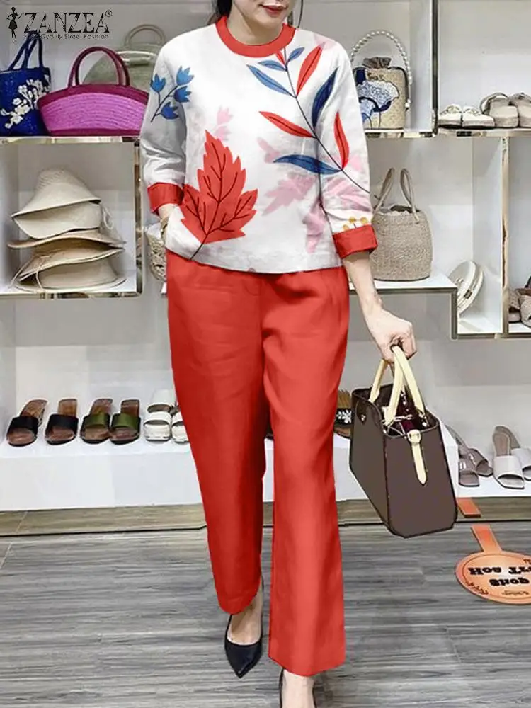 Elegant OL Work Pant Sets ZANZEA Summer 2PCS Women Tracksuit Fashion Short Sleeve Printed Blouse Trousers Suits Matching Sets