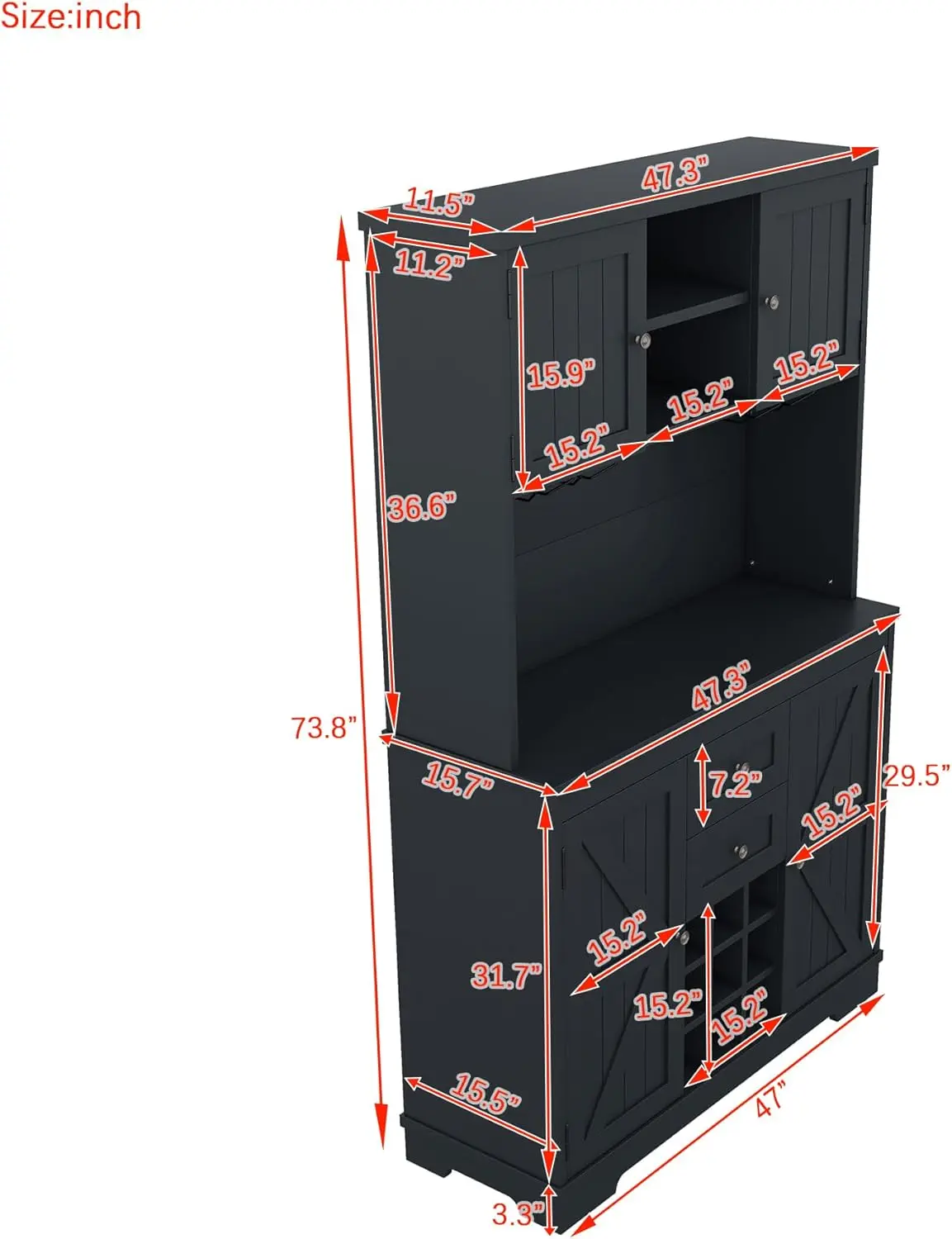 Belle kave 73.8 "" Bauernhaus Kaffee bar Schrank, Weins chrank, Side board Buffet Schrank mit Weinflaschen regal, 2 Schubladen, 10