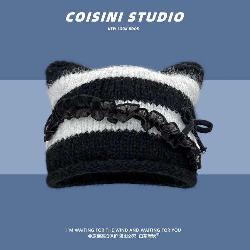 Koreanische Ins Süße Strickmütze mit Katzenohren und gestreiftem Spitzenrand für Damen, Herbst/Winter, Y2K, warme und modische Skull-Beanie-Mützen – Detail 1