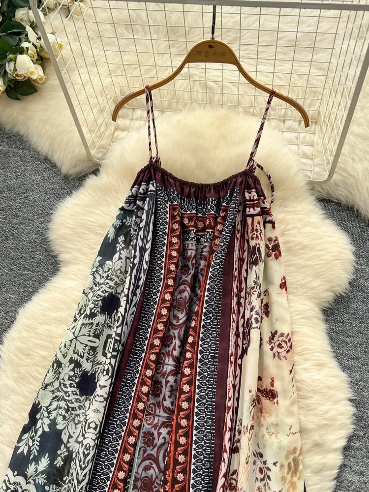 보헤미안 휴가 스타일 꽃 프린트 스트랩 드레스 여성 느슨한 고기 커버 레트로 디자인 우아한 미디 스커트 여름 드레스
