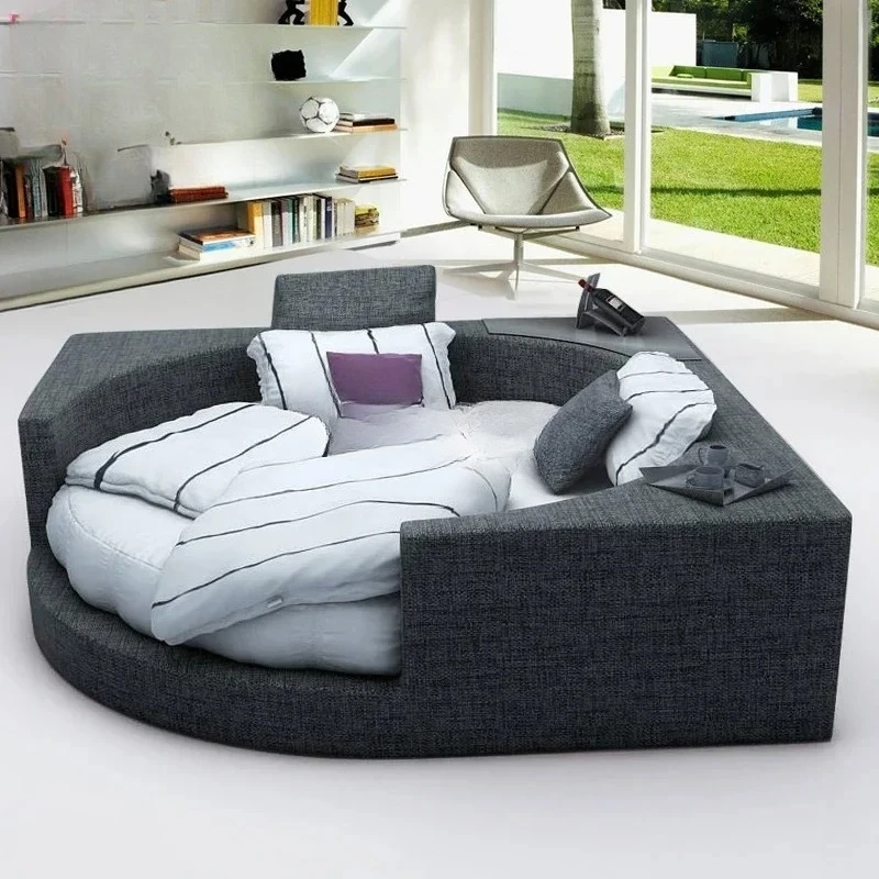 Y round Bed Fabric Double Fashion Princess Modern round Marriage Bed Inner Circle Outer Square