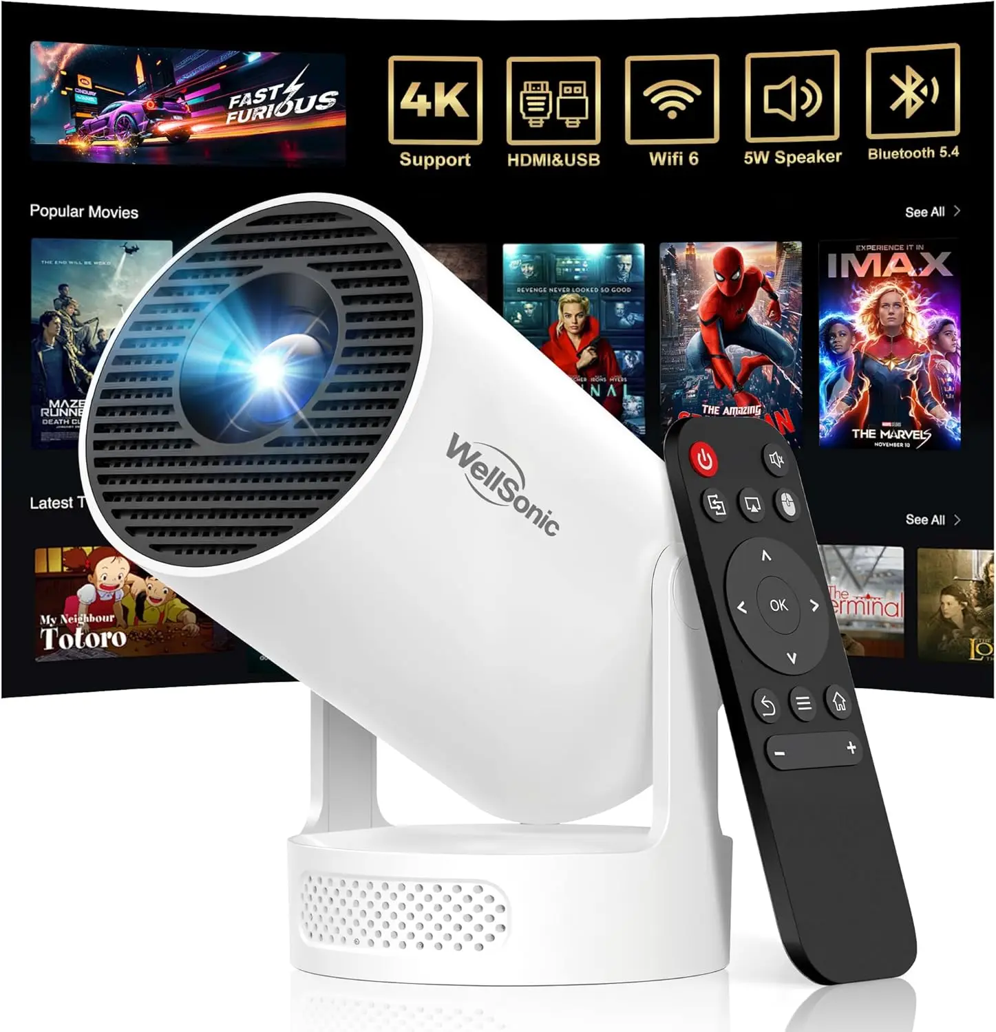 

Mini 4K Projector with WiFi Bluetooth, Auto Keystone, 200 ANSI Lumen, Portable for Outdoor Movies