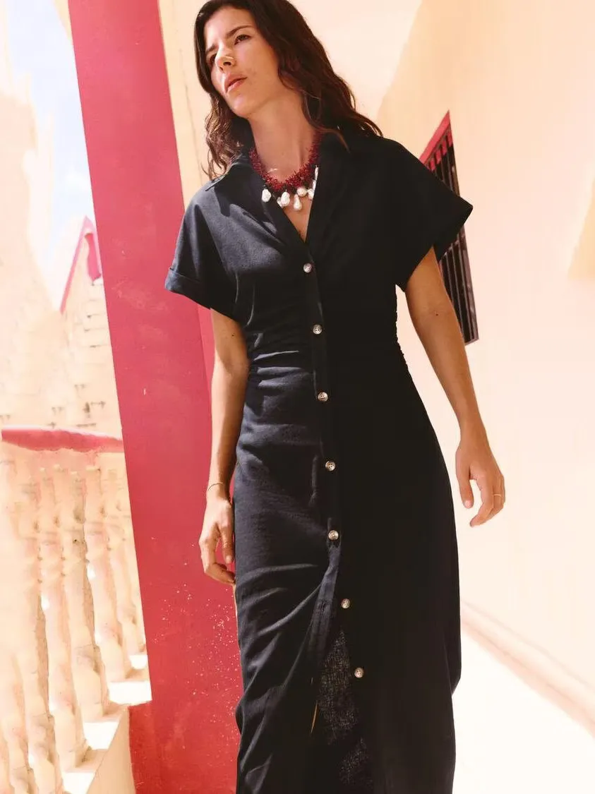 Summer New Women's Linen Comfortable ort Sve V-ne Midi Dr Retro Waist-cinched A-line Long Skirt Single-button Closure