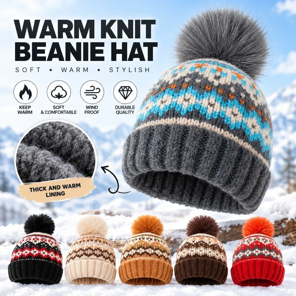Casual Solid Color Knitted Winter Hat Handmade Chunky Crochet Knit Skull Cap Pom Pom Windeproof Fashion Beanie Cold Weather