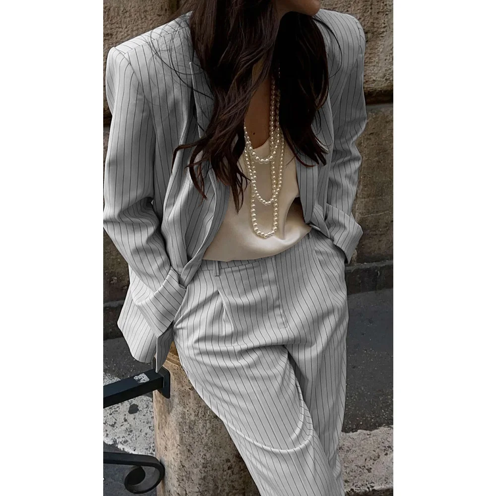 Women\'s Suit Striped Two-piece Slim Single-breasted Casual Fashion Suit Christmas Work Wear Women 2 Piece Set Outfit Winter Sets