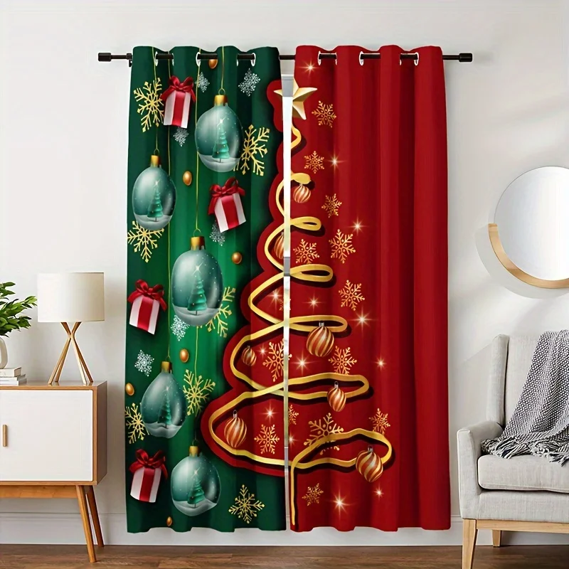 2pcs Set Modern Red & Green Christmas Tree Curtains Grommet Top Rod Pocket Machine Washable For Bedroom Kitchen Living Room Deco