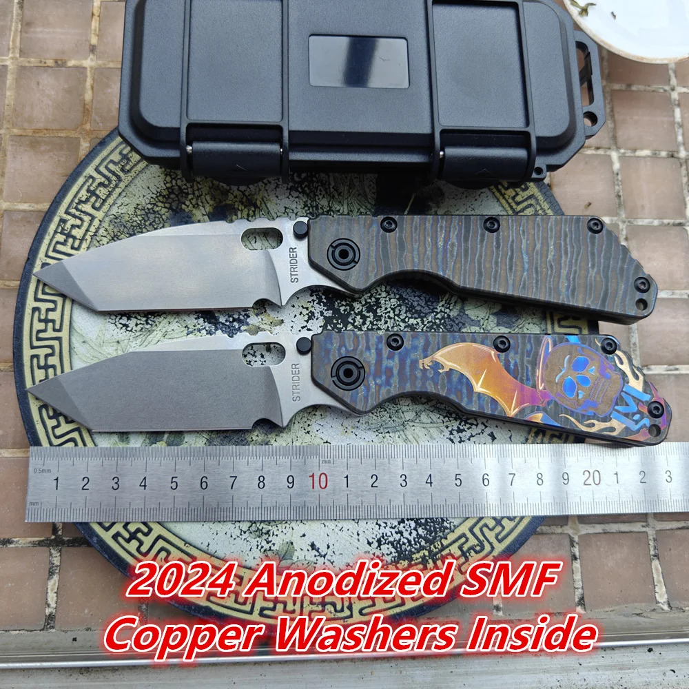 

JUFULE Titanium Handle Frame With Steel insert Copper Washers Anodized SMF Strider AUS10 Tanto Blade Folding Knife Camp EDC Tool