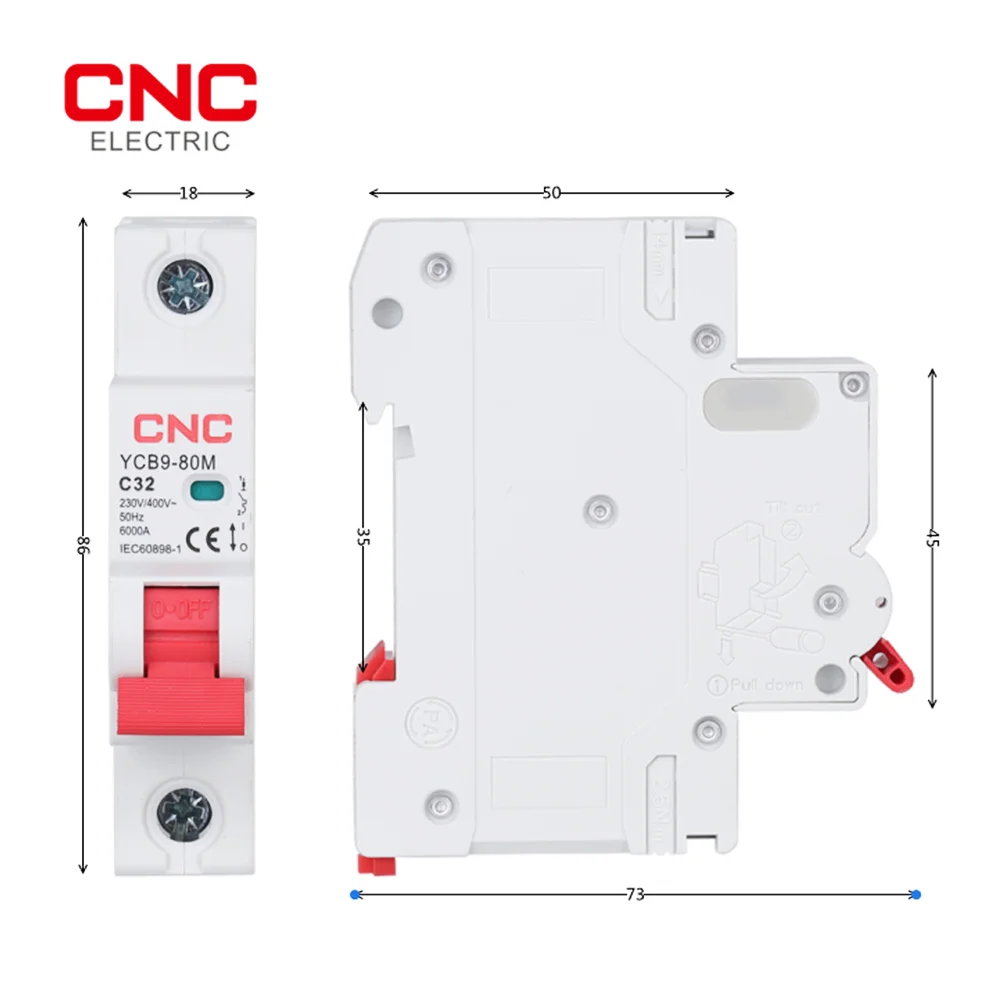 CNC1P MCB 50/60Hz 6kA 18cm Miniature Circuit Breaker 6/10/16/20/25/32/40/50/63/80A