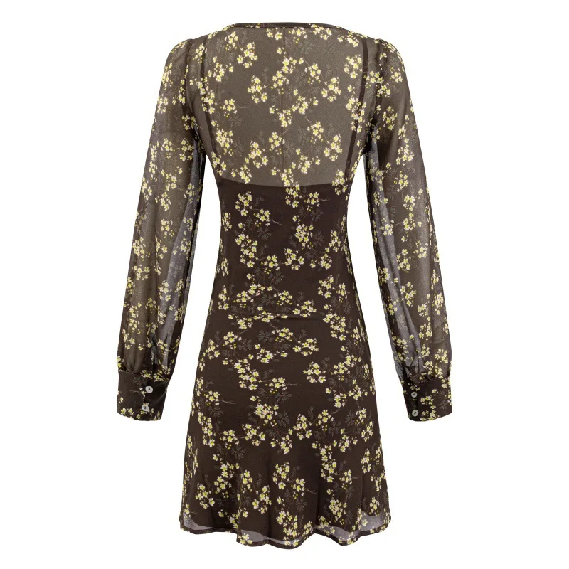 QICHE New Women Retro Elegant Dress French‑Retro Niche Printed Long‑Sleeve Designer‑Vibe Slim‑Fit Figure‑Flattering Ladies Skirt