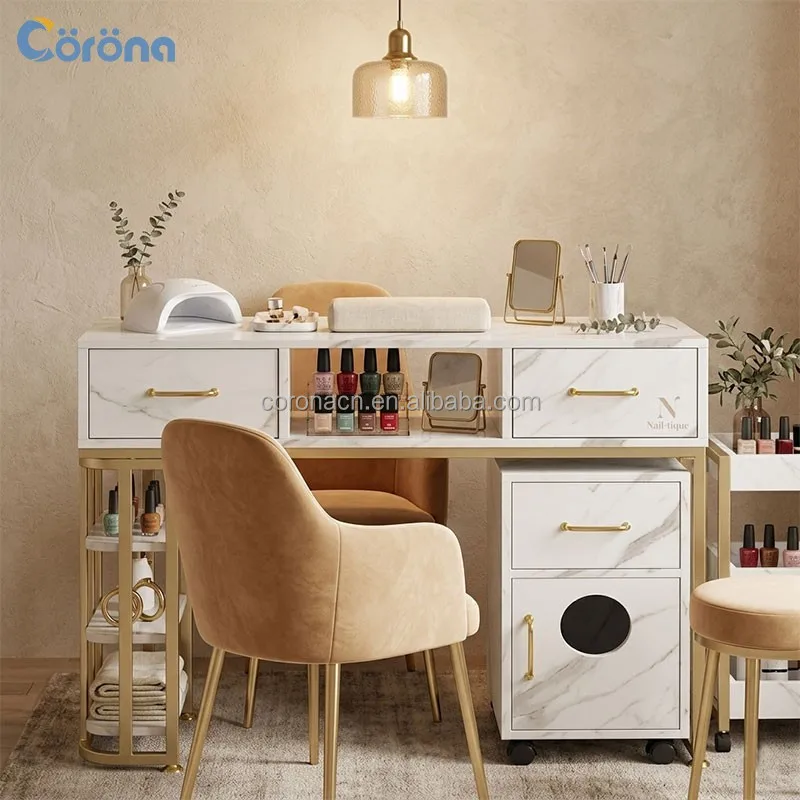 Customized Nail Salon Furniture Professional Wooden Nail Tech Table With Dust Collector