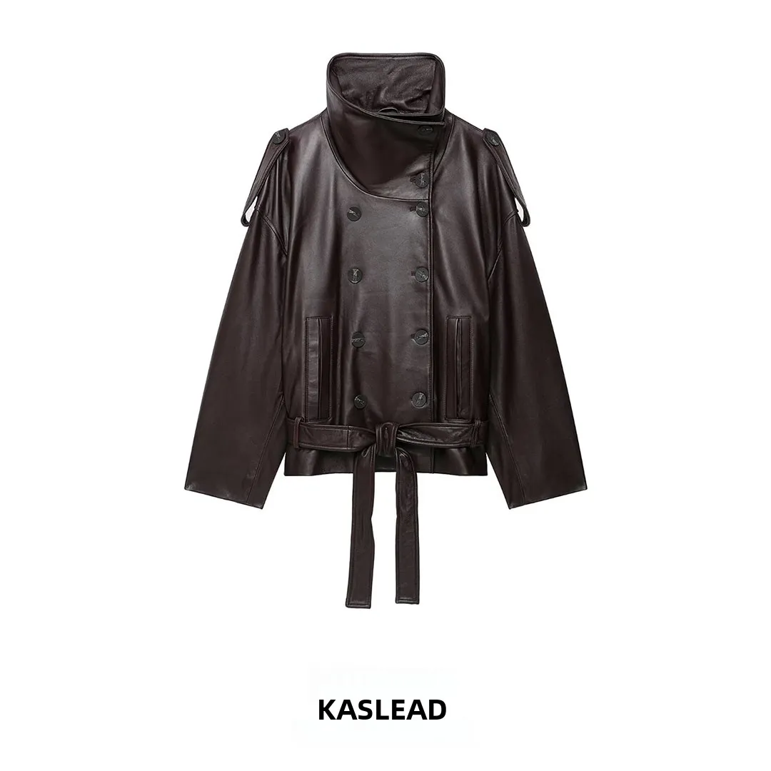 KASLEAD New Women's Fashionable Leather Belt Jacket Coat Versatile Windproof Long Sleeve Regular Length Double Button Closure