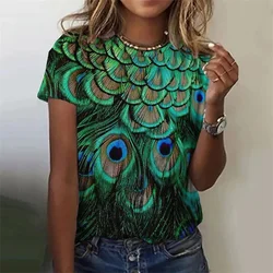 Peacock Feather 3D Printing T Shirt For Women Summer Round Neck Short Sleeves Cool Graphic T-shirt Casual Street Tee Shirts