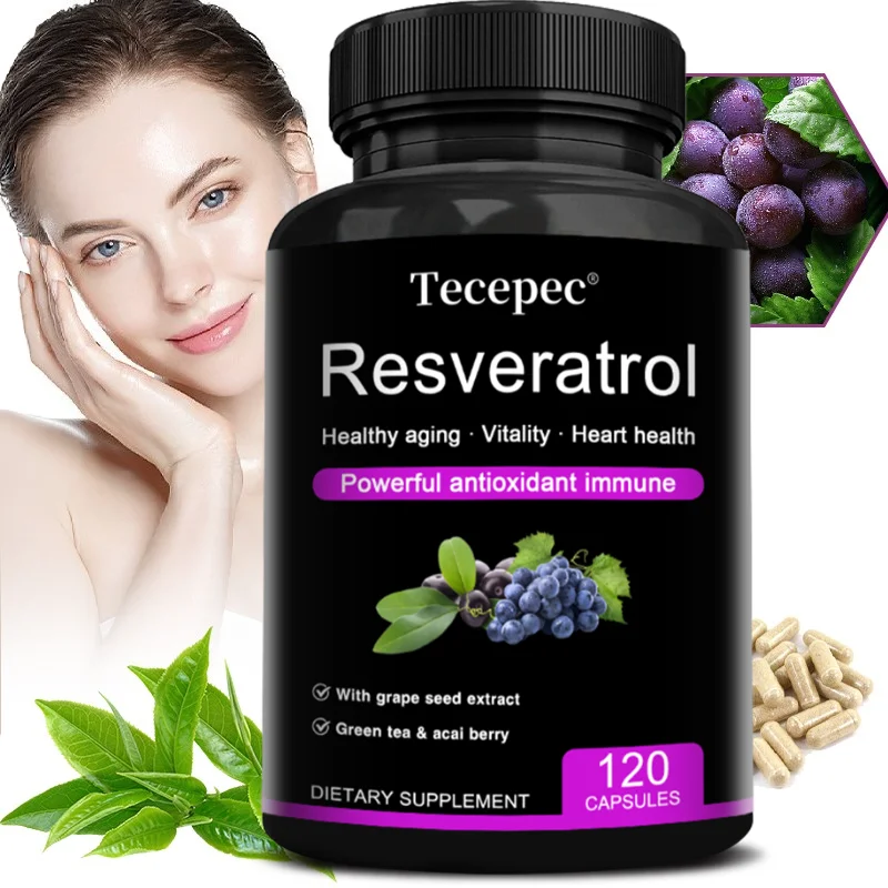 Resveratrol Supplement - Grape Seed & Green Tea Leaf, High Absorption, Anti-Aging, Immune, Brain & Cardiovascular Support