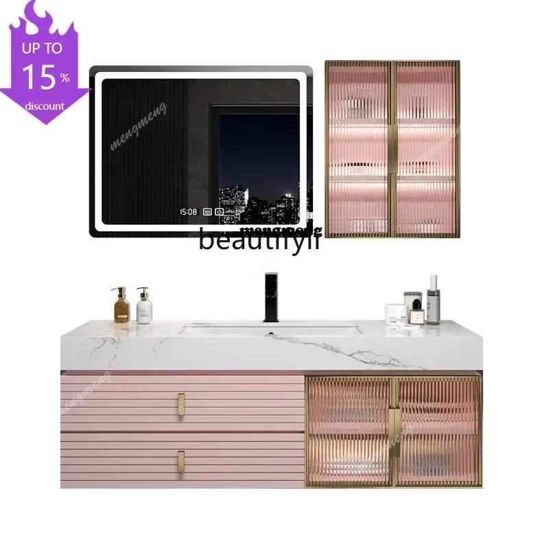New atmospheric lightweight luxury bathroom cabinet combination with stone board, integrated washbasin, wash stand, wall cabinet