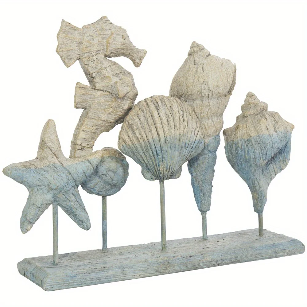 

14" x 11" Light Blue Polystone Textured Ombre Shell Sculpture with Seahorse Accent