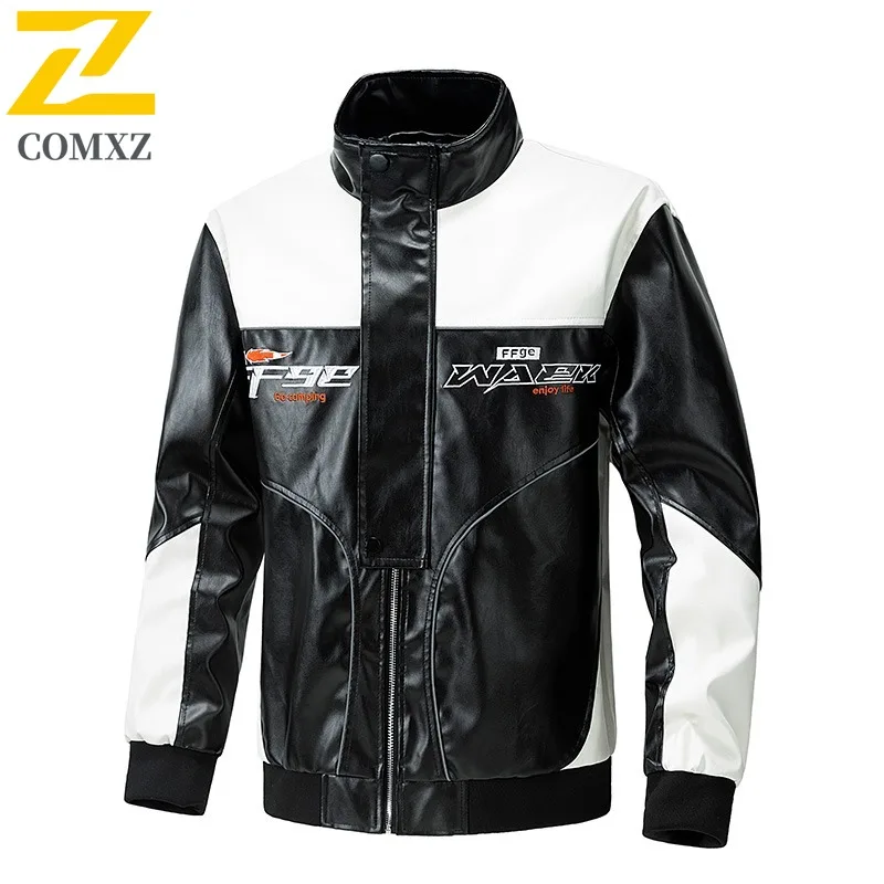 

COMXZ 2024 Autumn Winter Mens Leather Jacket New Color Block PU Coat Motorcycle Retro Windproof Set Outdoor Sports windbreaker