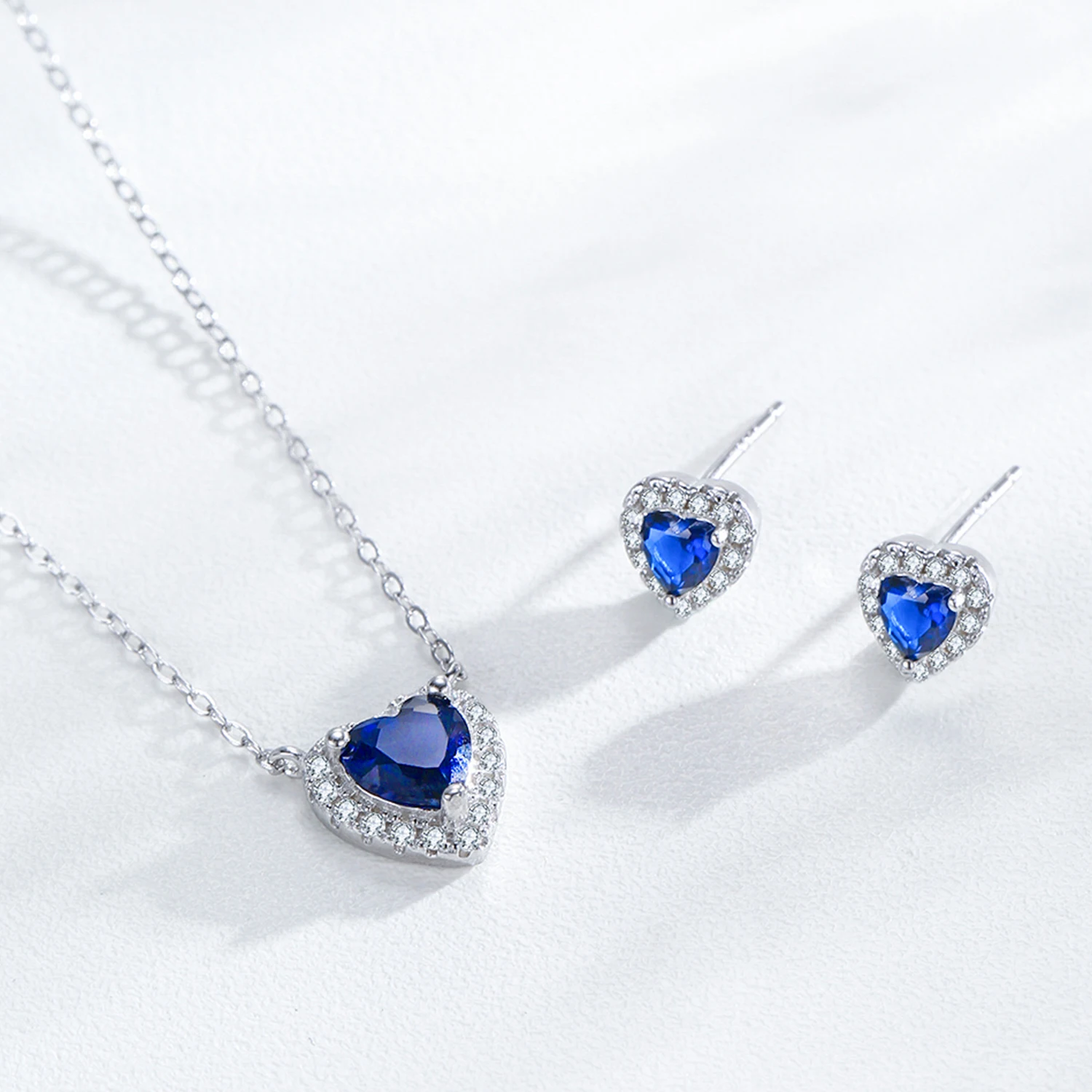 Ailmay 925 Sterling Silver Classic Blue Love Heart Earrings Necklace For Women Elegant Romantic Wedding Jewelry Gift Set