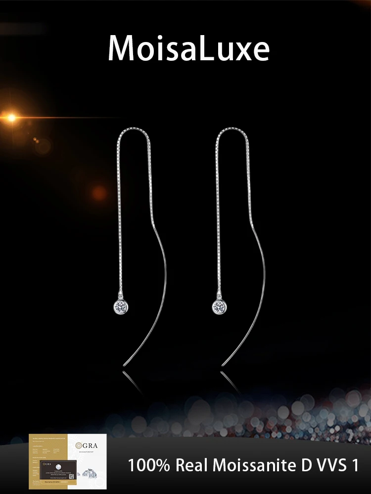 

MoisaLuxe Official Store GRA Moissanite Plata Sterling 925 Silver Earrings Women's Simple Fringed Earrings 10-point Round Bag