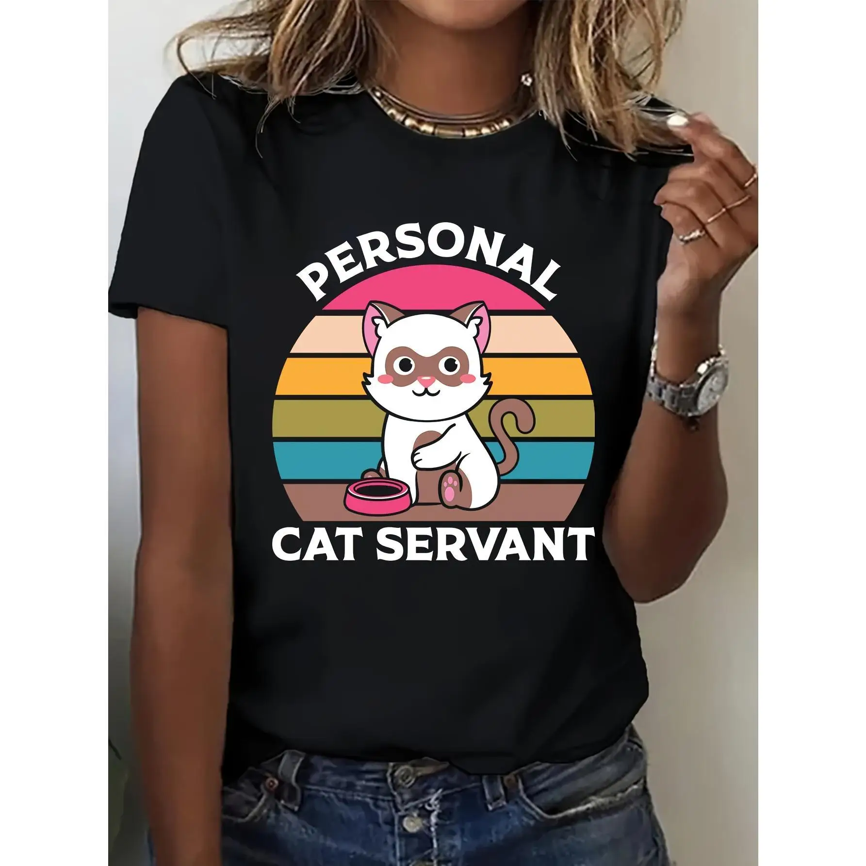 

Personal Cat Servant" Funny Graphic Women’s T-Shirt - Soft & Breathable, Short Sleeve, Crew Neck, Casual Fit For Spring/Summer