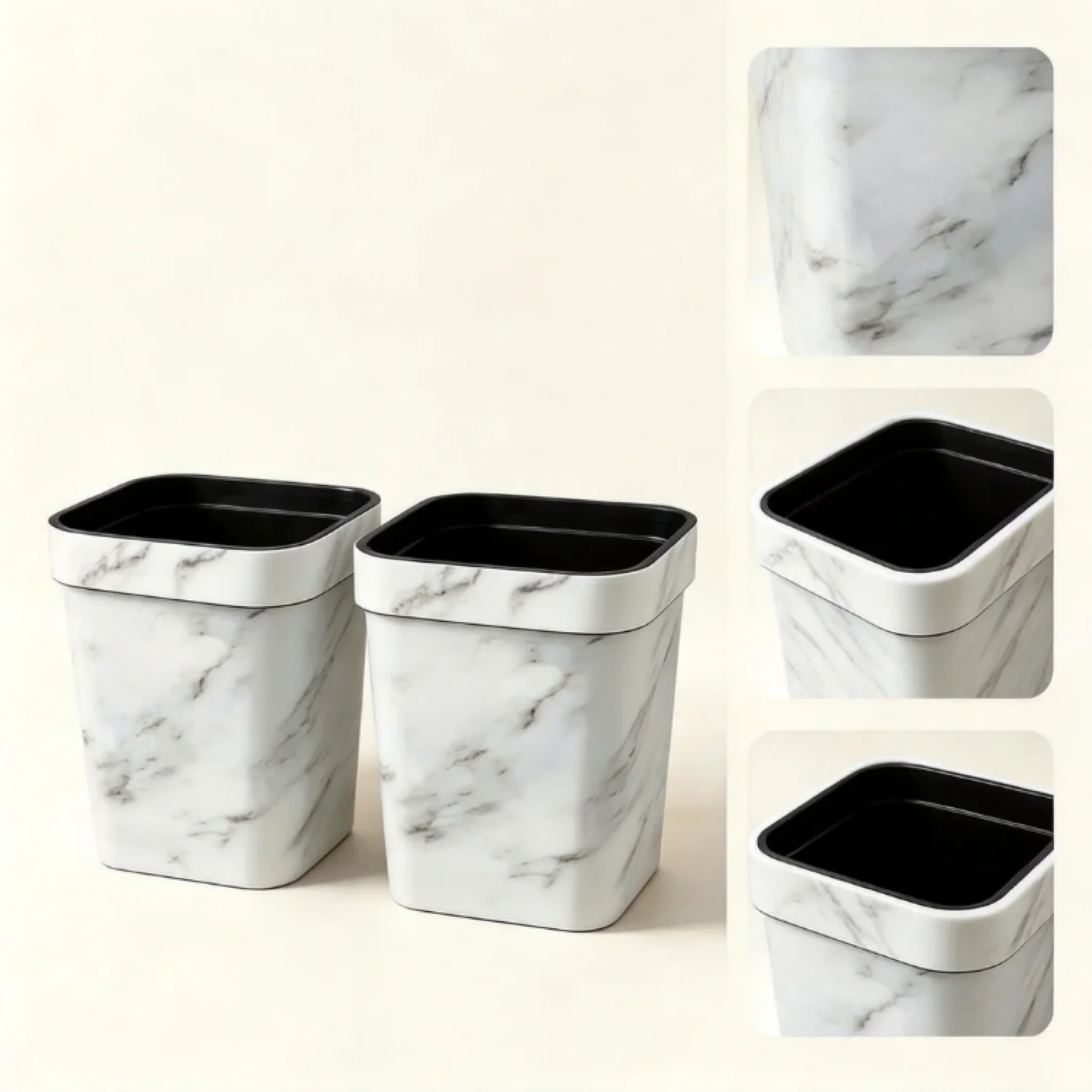 Modern Home Decor White Marble Trash Can 2 Pack,16L Open‑Top Plastic Waste Basket, Dual‑Layer Removable‑Inner‑Bucket Garbage Bin for Living Room Apartment