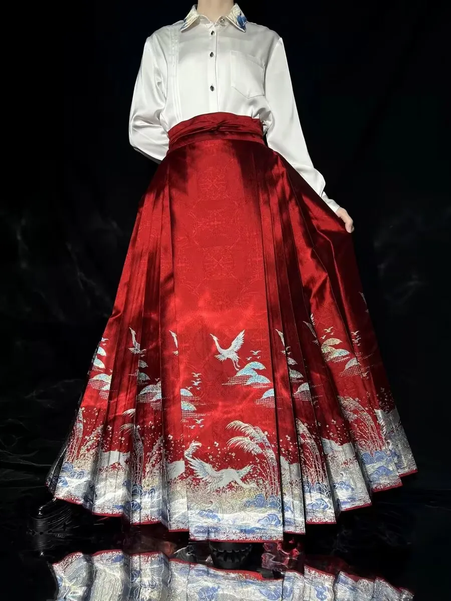 Новогодний костюм Hanfu, юбка с конским лицом, женская юбка со складками, китайский стиль, вышивка, зеленое плетение, золотистая, черно-зеленая юбка Hanfu