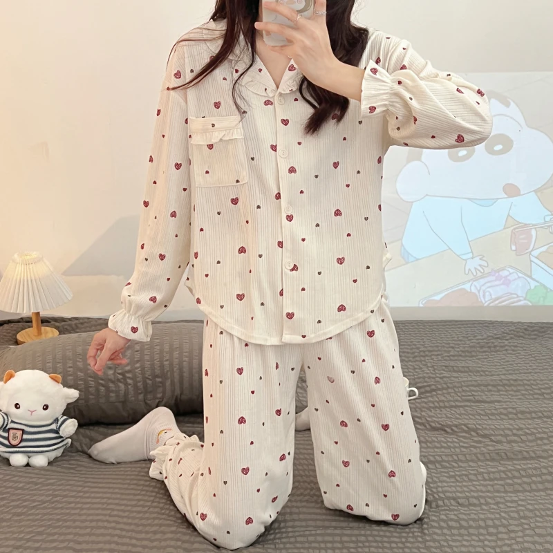 Pajamas Women's Spring New Knitted Cotton Cardigan Small lapel long sleeve 2-piece Korean casual sweet cute home clothes