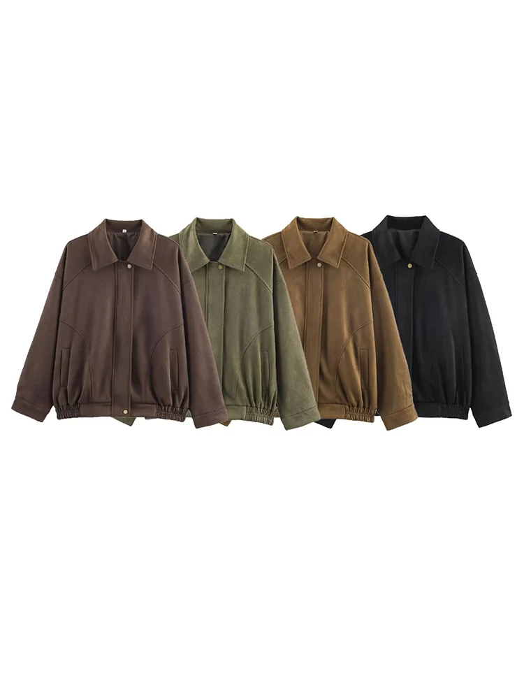 

HH Women's Autumn 4 Colors Retro Versatile Lapel Bomber Coat Jacket Female Street Casual Zipper Pocket Pleated Design Outwear