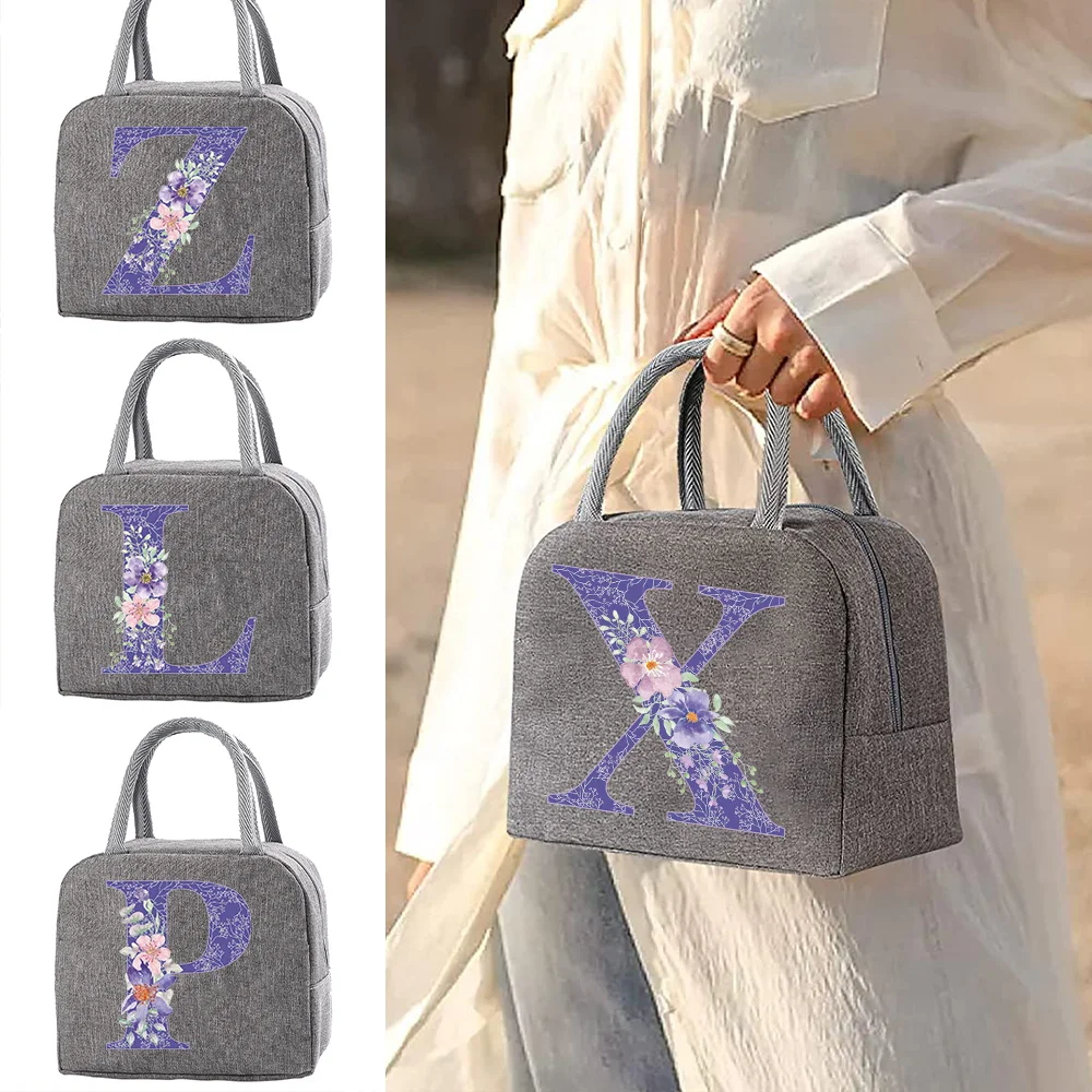 

Portable Fresh Cooler Bags Zipper Thermal Lunch Bags for Men Women Convenient Purple Flower Letter Print Lunch Box Tote Food Bag