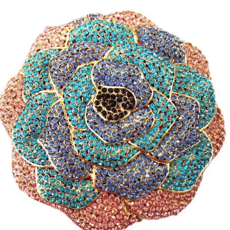 

Flower Round Evening Clutch Purse Blue/Pink Rhinestone High-End Rose Floral Diamond Clutches Bag Lady Party Wedding Bridal Bags