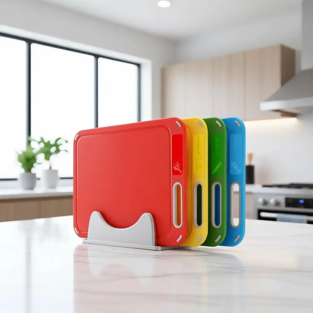 

4-Piece Plastic Cutting Board Set with Storage Stand, BPA-Free, Prevents Cross-Contamination, Dishwasher Safe